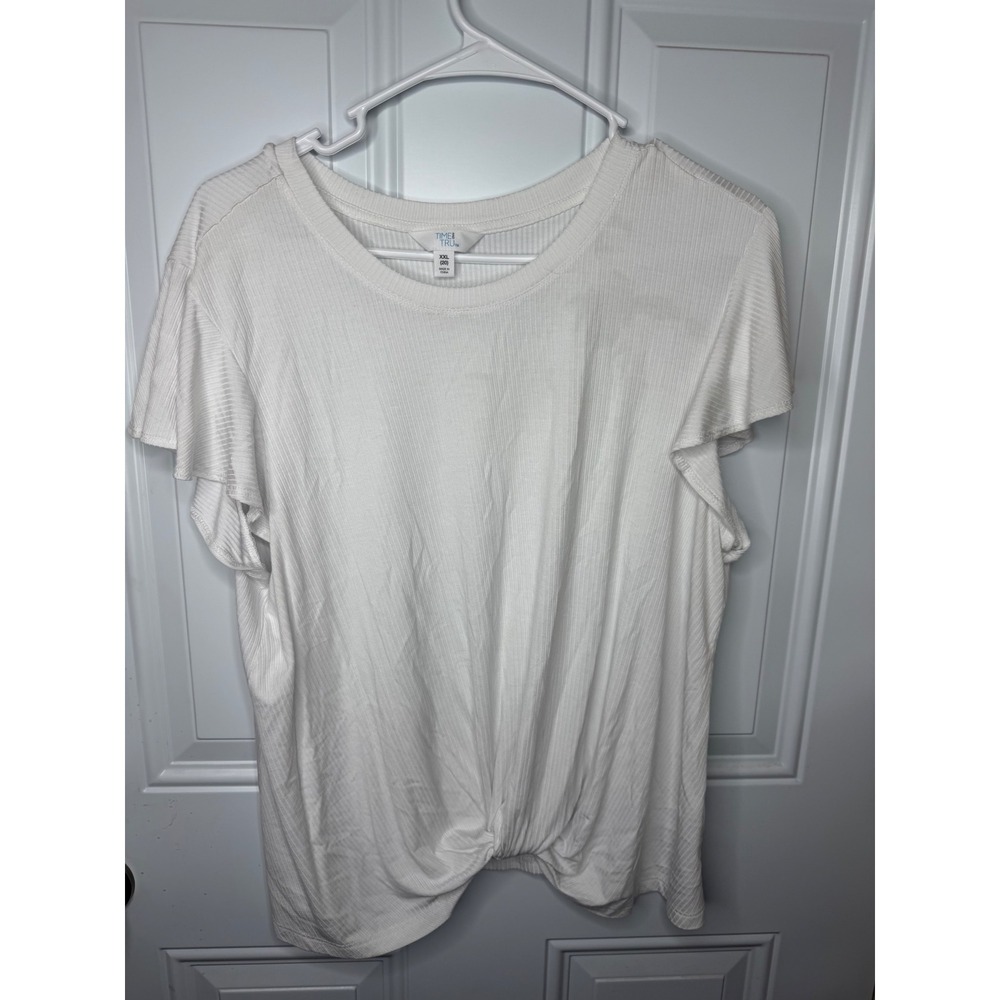 Time and Tru Womens XXL White Ribbed Flutter Sleeve Twist Front Knot Hem Top